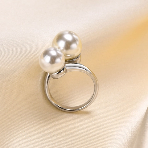 Elegant Titanium Steel Double Artificial Pearl Open Ring For Women High Polished IP Gold Plating Fashion Jewelry Finger Ring
