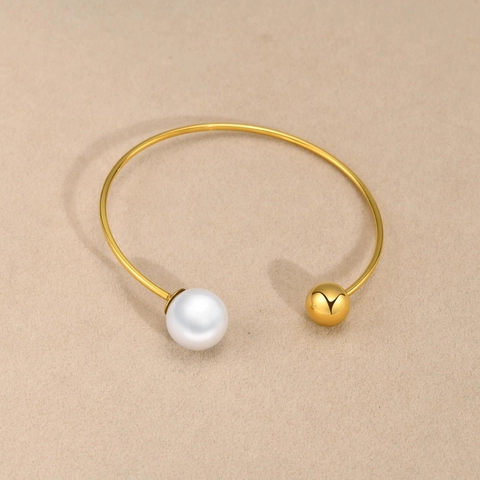 Brazalete Abierto de Acero Inoxidable Minimalista para Mujer Elegante Perla Artificial y Joyería de Cuentas Pulidas de Oro