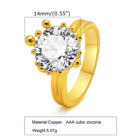 Luxus Gold Plattiert Edelstahl Statement Ring Mit Großen Rundem Zirkonia Elegant Mode Finger Schmuck Für Damen