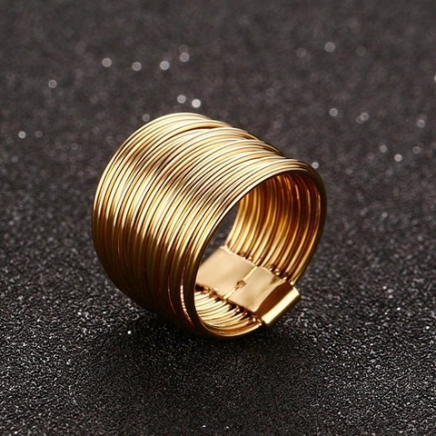 Minimalist Stainless Steel Multi Layer Wire Wrap Wide Band Ring For Women Men Gold Electroplated Geometric Fashion Finger Jewelry