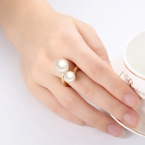 Elegant Titanium Steel Double Artificial Pearl Open Ring For Women High Polished IP Gold Plating Fashion Jewelry Finger Ring