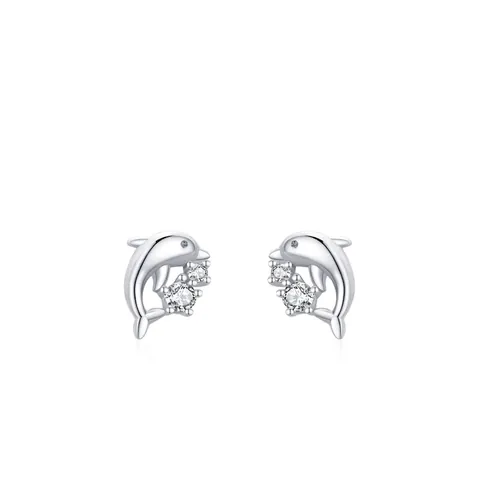 925 Sterling Silver Dolphin Stud Earrings Micro Pave Zirconia Animal Shape Minimalist Fashion Jewelry For Women
