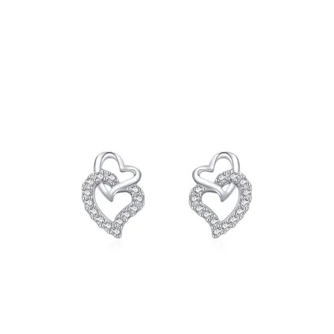 S925 Sterling Zilveren Hart Oorknopjes Voor Vrouwen Minimalistische Dubbele Hart Zirkonia Inlay Zoete Elegante Sieraden