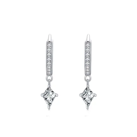 925 Sterling Silver Rhombus Drop Hoop Earrings For Women Luxury Pave Rhinestone Geometric Dangle Earrings Wedding Jewelry Gift