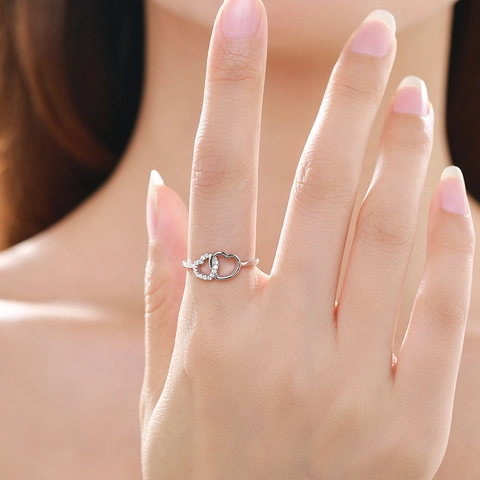 925 Sterling Zilver Dubbel In Elkaar Grijpend Hart Open Ring Voor Vrouwen Minimalistische Zirkonia Micro-Ingelegde Liefde Hart Sieraden