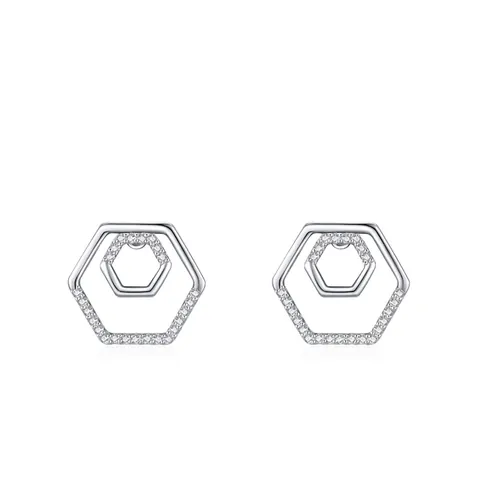925 Sterling Silver Hexagon Double Layer Stud Earrings Micro Inlaid Zirconia Geometric Light Luxury Ear Jewelry For Women