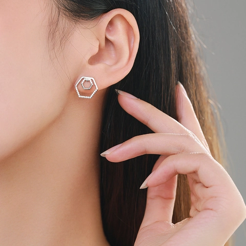 925 Sterling Silver Hexagon Double Layer Stud Earrings Micro Inlaid Zirconia Geometric Light Luxury Ear Jewelry For Women