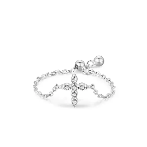 S925 Sterling Silver Cross Chain Ring For Women Micro Inlaid Rhinestone Adjustable Open Ring Ins Style Fashion Jewelry