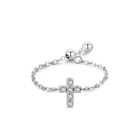 Anillo Ajustable de Cadena con Cruz de Plata de Ley 925 para Mujer Circonia Microincrustada Joyería de Moda Minimalista Anillo Fino