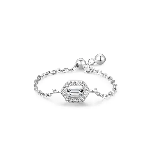 925 Sterling Silver Geometric Hexagon Chain Link Ring For Women Zirconia Adjustable Opening Minimalist Fashion Jewelry