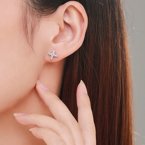 Orecchini a Bottone in Argento Sterling 925 Geometrici a Croce Stella Micro Intarsiati Zirconia Minimalisti Gioielli Donna