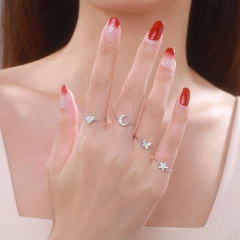 Anillo de Cadena Abierta de Luna de Circonia de Plata de Ley S925 para Mujer Joyería de Anillo de Dedo de Moda Ajustable