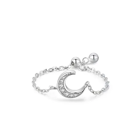 Anillo de Cadena Abierta de Luna de Circonia de Plata de Ley S925 para Mujer Joyería de Anillo de Dedo de Moda Ajustable