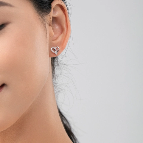 Pendientes de Botón Corazón de Plata de Ley 925 para Mujer Asimétricos Micro Incrustados Circonia Joyería de Moda Regalo