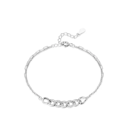 Bracciale a Catena a Doppio Strato in Argento Sterling 925 Strass Geometrico Cerchio Intrecciato Gioielli Moda Donna Regalo