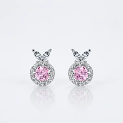 925 Sterling Silver Pink Zirconia Rabbit Stud Earrings For Women Geometric Round Micro Inlaid Fashion Ear Jewelry