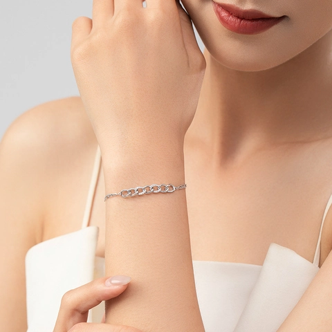 Bracciale a Catena a Doppio Strato in Argento Sterling 925 Strass Geometrico Cerchio Intrecciato Gioielli Moda Donna Regalo