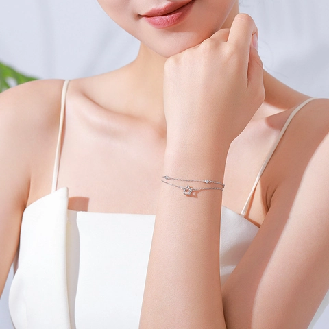 Braccialetto a Stella in Argento Sterling 925 a Doppio Strato per Donna Raffinata Zirconia Intarsiata Catena Regolabile