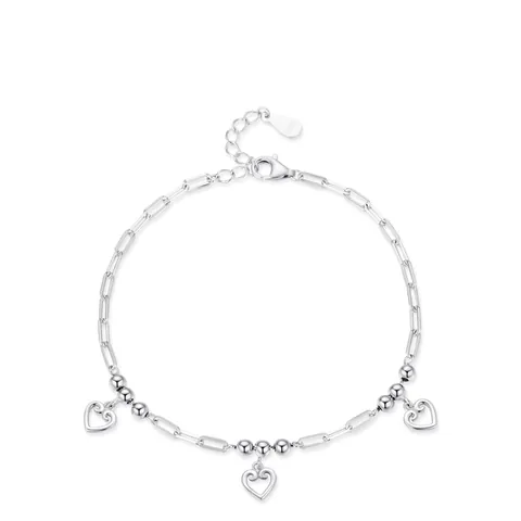Bracciale a Cuore Cavo in Argento Sterling 925 Catena a Graffetta Regolabile con Perline per Donna Gioielli di Moda Regalo