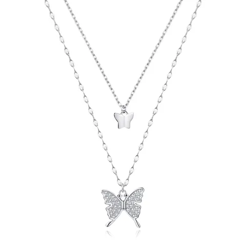 Collar de Doble Capa de Plata de Ley 925 con Mariposa para Mujer Elegante Circonia Micro-pavimentado Joyería de Regalo