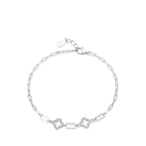 925 Sterling Silver Lucky Clover Pave Zirconia Bracelet For Women Fashion Paperclip Chain Adjustable Hollow Flower Jewelry