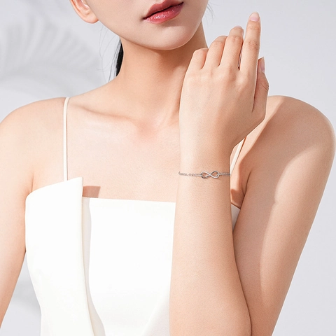 Pulsera de Infinito de Plata de Ley Para Mujer Engaste Pavé Strass Doble Cadena Ajustable Joyería de Lujo Regalo