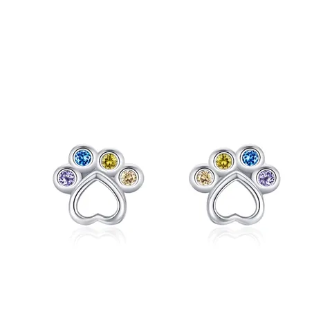 Pendientes de Botón de Corazón con Huella de Pata de Animal de Plata de Ley 925 con Circonia Multicolor para Mujer