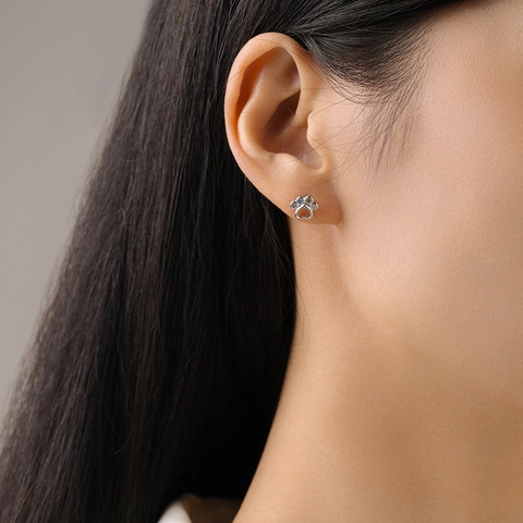 Pendientes de Botón de Corazón con Huella de Pata de Animal de Plata de Ley 925 con Circonia Multicolor para Mujer
