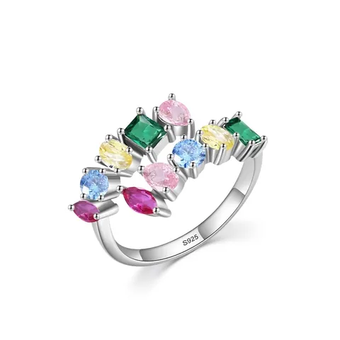 925 Sterling Silver Rainbow Zirconia Ring Geometric Multicolor Gemstone Adjustable Open Ring For Women Jewelry Gift