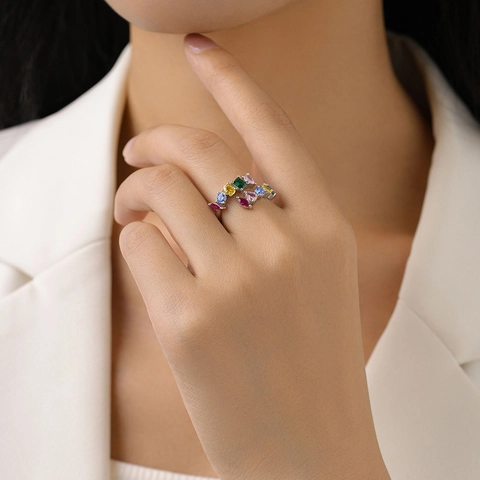 925 Sterling Silver Rainbow Zirconia Ring Geometric Multicolor Gemstone Adjustable Open Ring For Women Jewelry Gift