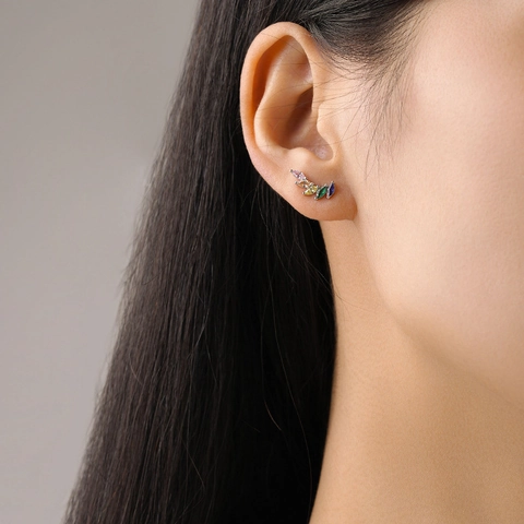 Orecchini a Bottone Ala in Argento Sterling S925 Con Zirconia Arcobaleno Per Donna Taglio Marquise Curvo Gioielli