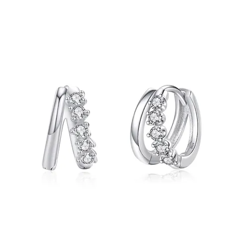 925 Sterling Zilveren Dubbele Rij Huggie Creolen Voor Dames Geometrische Strass Micro Pave Mode Sieraden Oor Gesp