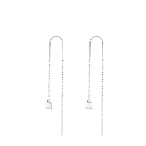 925 Argent Sterling Minimaliste Géométrique Cube Enfileur Boucles d'Oreilles pour Femme Chaîne Longue Linéaire Bijoux