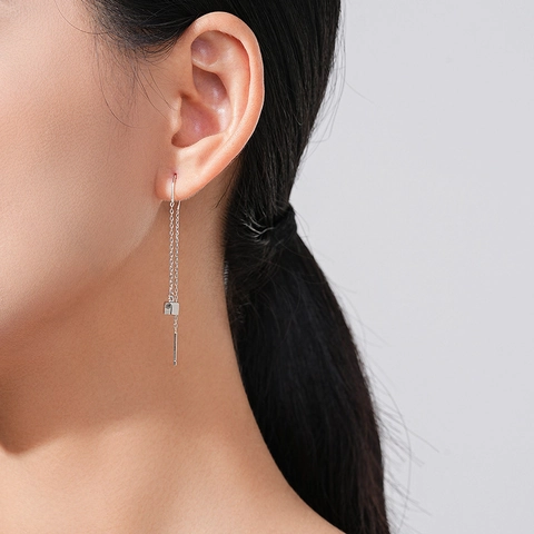 925 Argent Sterling Minimaliste Géométrique Cube Enfileur Boucles d'Oreilles pour Femme Chaîne Longue Linéaire Bijoux