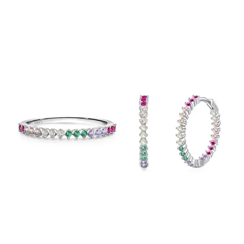 S925 Sterlingsilber Regenbogen Zirkonia Schmuckset Für Damen Geometrische Runde Creolen Bunte Multi Edelstein Ring