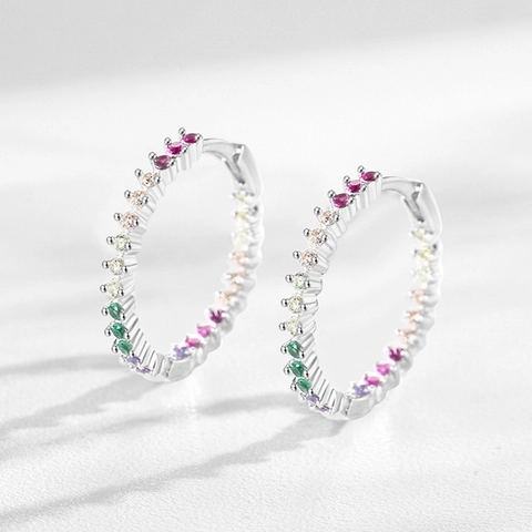 S925 Sterlingsilber Regenbogen Zirkonia Schmuckset Für Damen Geometrische Runde Creolen Bunte Multi Edelstein Ring