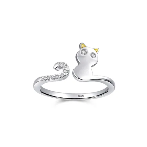 Anello Aperto in Argento Sterling S925 Gatto Carino per Donna Anello Regolabile Animale con Zirconia Gioielli di Moda Regalo