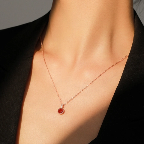 Collier Et Boucles d'Oreilles en Argent Sterling 925 Plaqué Or Rose Avec Zirconia Rouge Rond Bijoux Mode Femme