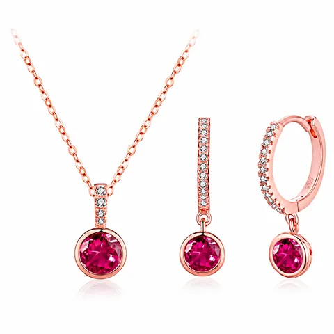 Collier Et Boucles d'Oreilles en Argent Sterling 925 Plaqué Or Rose Avec Zirconia Rouge Rond Bijoux Mode Femme