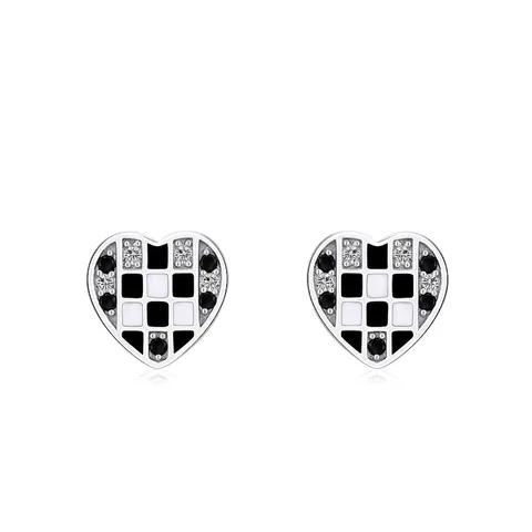 Orecchini a Bottone a Scacchiera a Cuore in Argento Sterling 925 Smalto Bianco Nero Zirconia Gioielli Chic Retrò Donna