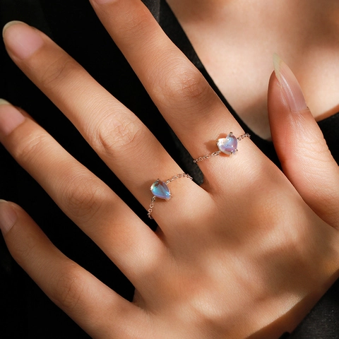 S925 Sterlingsilber Wassertropfen Mondstein Kette Ring Damen Elegant Verstellbar Dünner Fingerring Ins Stil Modeschmuck