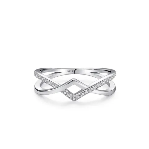 925 Sterling Silver Geometric Cross Ring For Women Elegant Rhinestone Inlaid Line Band Minimalist Fine Jewelry Finger Ring