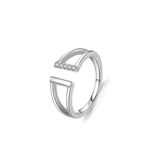 925 Sterling Silver Geometric Open Ring for Women Zirconia Micro-Inlaid Double Line Adjustable Finger Ring Minimalist Jewelry