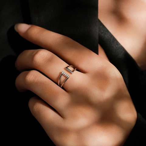 925 Sterling Silver Geometric Open Ring for Women Zirconia Micro-Inlaid Double Line Adjustable Finger Ring Minimalist Jewelry