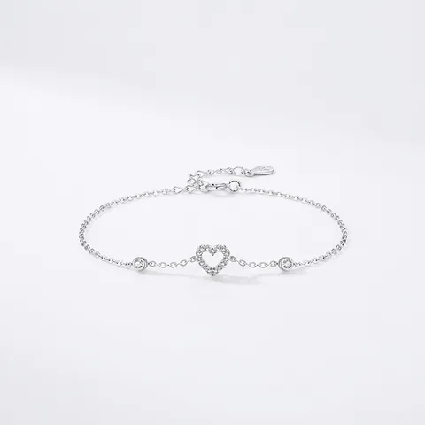 Bracciale in Argento Sterling 925 con Cuore Vuoto per Donna Romantico con Ciondolo in Zirconia Braccialetto a Catena Semplice