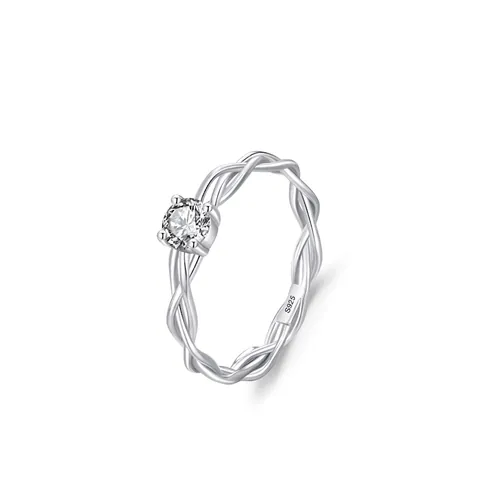 925 Sterling Silver Ring For Women Minimalist Braided Twist Design Round Rhinestone Solitaire Ring Fashion Jewelry Gift