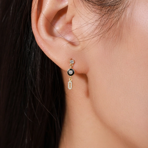 925 Sterling Silber Ohrstecker-Stift Zirkonia Schwarz Emaille Geometrische Ohrstecker 14K Vergoldet Nischen-Design Damen Schmuck