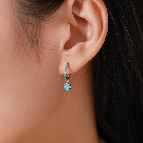 Vintage S925 Sterling Silver Artificial Turquoise Drop Earrings Luxury Geometric Round Rhinestone Hoop Earrings For Women