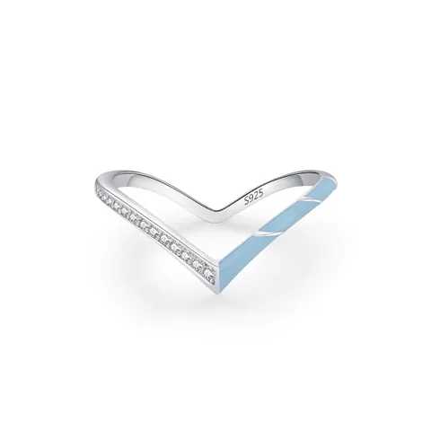 Anello a V in Argento Sterling 925 per Donna Smalto Blu Chiaro Micro Intarsiato Zirconia Gioielli di Moda Anello Minimalista