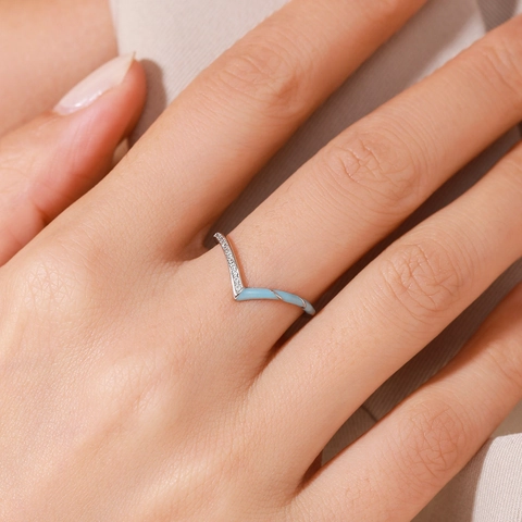 Anello a V in Argento Sterling 925 per Donna Smalto Blu Chiaro Micro Intarsiato Zirconia Gioielli di Moda Anello Minimalista